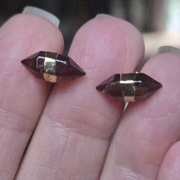 Garnet natural crystal gemstone pillar sterling & gold earrings - Picture 2 of 9